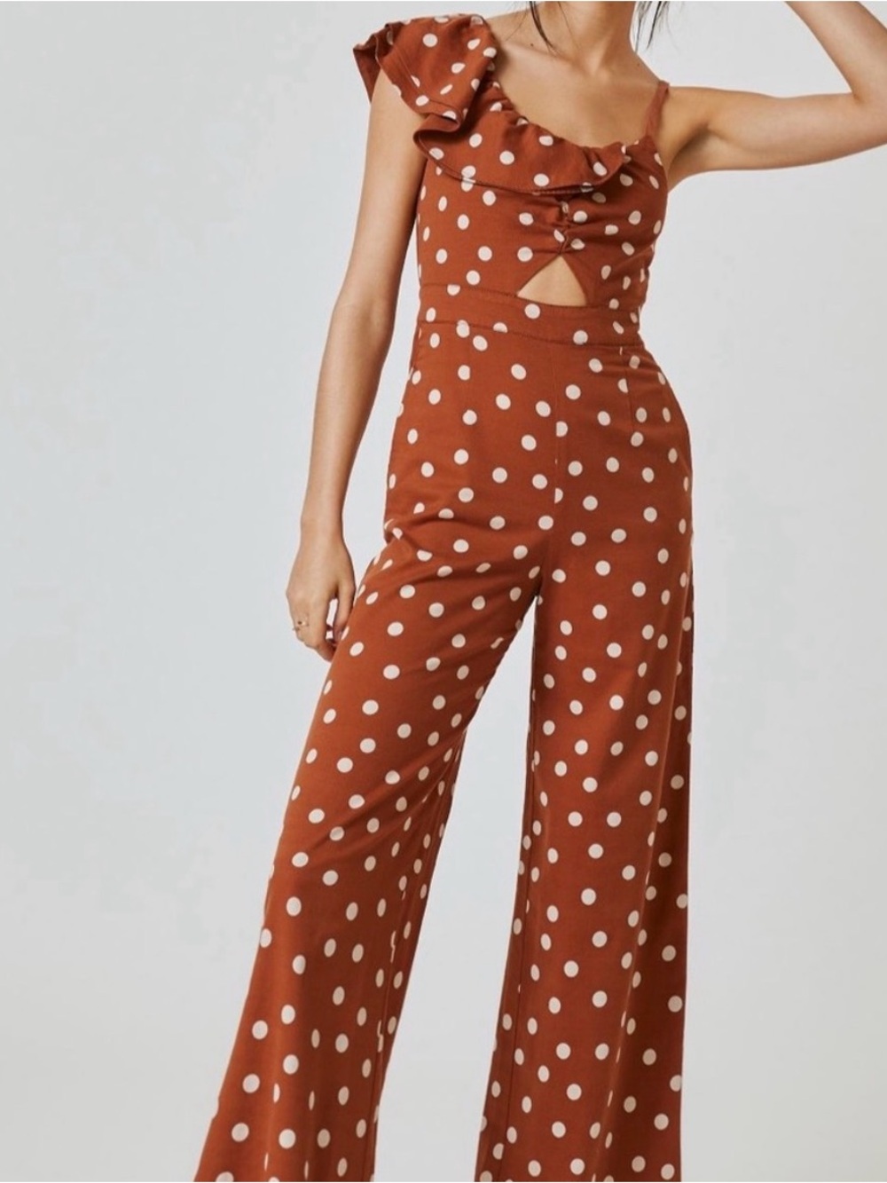 Maeve by Anthropologie Polka Dot One-Shoulder Wide-Leg Jumpsuit in Brown